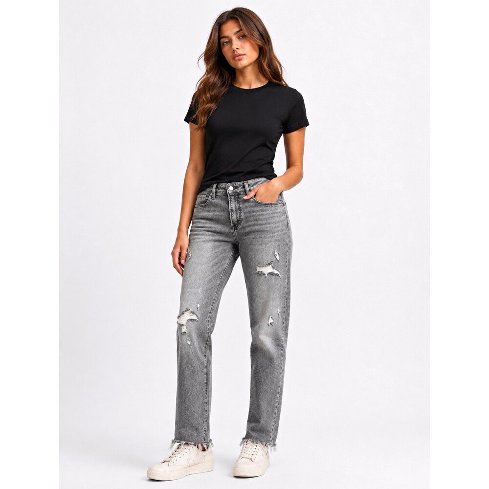 RISEN Los Angeles Women's High Rise Relaxed Skinny Gray Distressed 5-Pocket